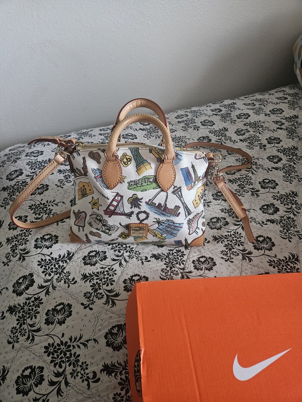 Dooney & Bourke White Multi Travel-Print Satchel with Tan Trim